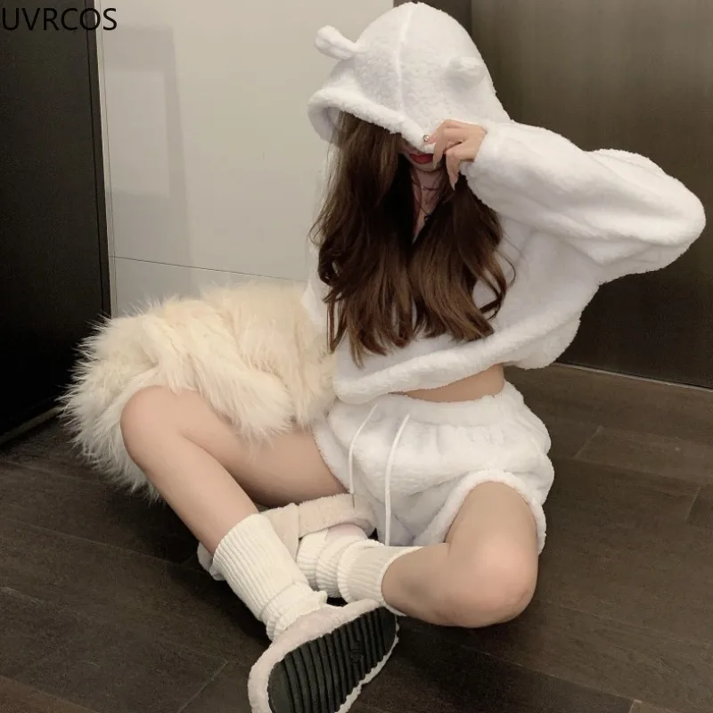 Autumn Winter Sweet Women\'s 2 Pieces Set Kawaii Plush Bear Hooded Coat High Waist Shorts Girly Harajuku White Sportswear Outfits