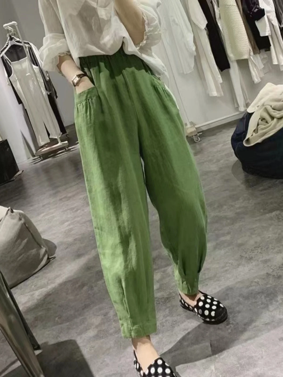 Slimming Effect Casual Cotton Linen Harlan Pants for Women Large Size Comfortable Loose Fit Nine Point Pants