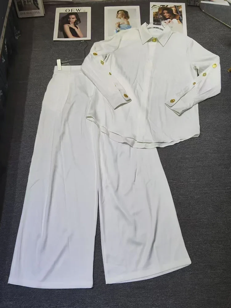 

Однотонная свободная рубашка с длинными рукавами и пуговицами с лацканами, комплект из двух предметов на осень 2021, женская мода + широкие брюки с высокой талией