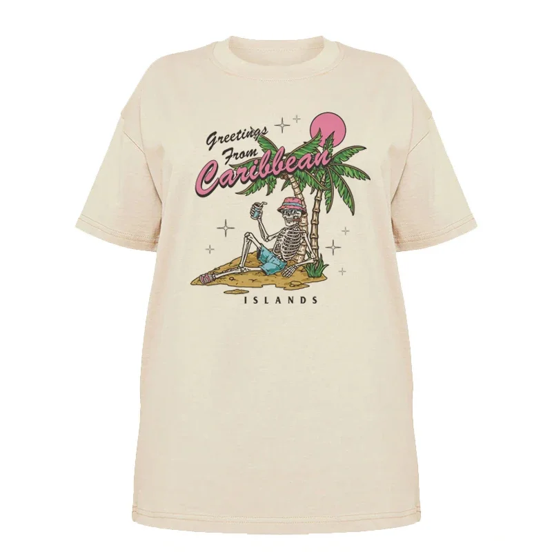 Vintage Funny T Shirt 5013Carib Summer Skeleton Tropical Beach T-Shirt Oversized Vacation Graphic T Shirts Fashion Vsco Clothes