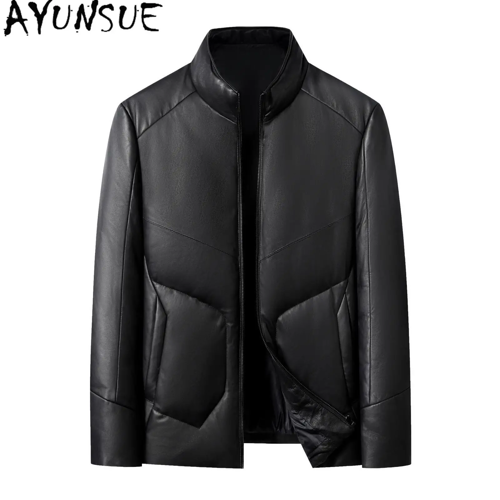 

AYUNSUE Top Layer Sheepskin Leather Down Jacket Men Autumn Winter Casual 100% Genuine Leather Jackets Man Stand Collar Down Coat