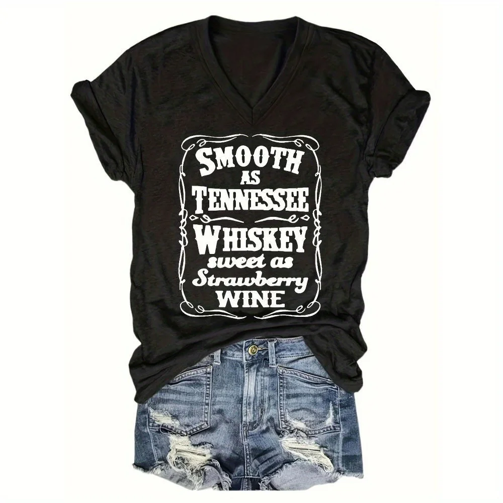 تي شيرت نسائي كاجوال برقبة على شكل حرف V مقاس كبير، رسومات "ناعمة مثل ويسكي تينيسي"، للربيع والصيف والخريف والشتاء بأكمام قصيرة #1