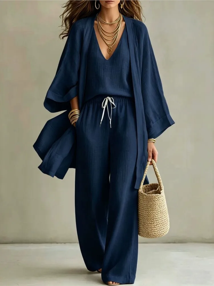 2026Women Summer New Pure Color Casual Cotton Linen Nine-Quarter Sleeve Open Cardigan Sleeveless Vest Long Pants Three-Piece Set