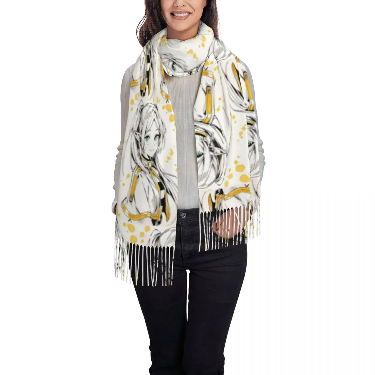 Frieren Beyond Journey's End Anime Scarf Tassel Scarves Women Soft Warm Shawls and Wraps Long Fall Winter Shawl Wrap