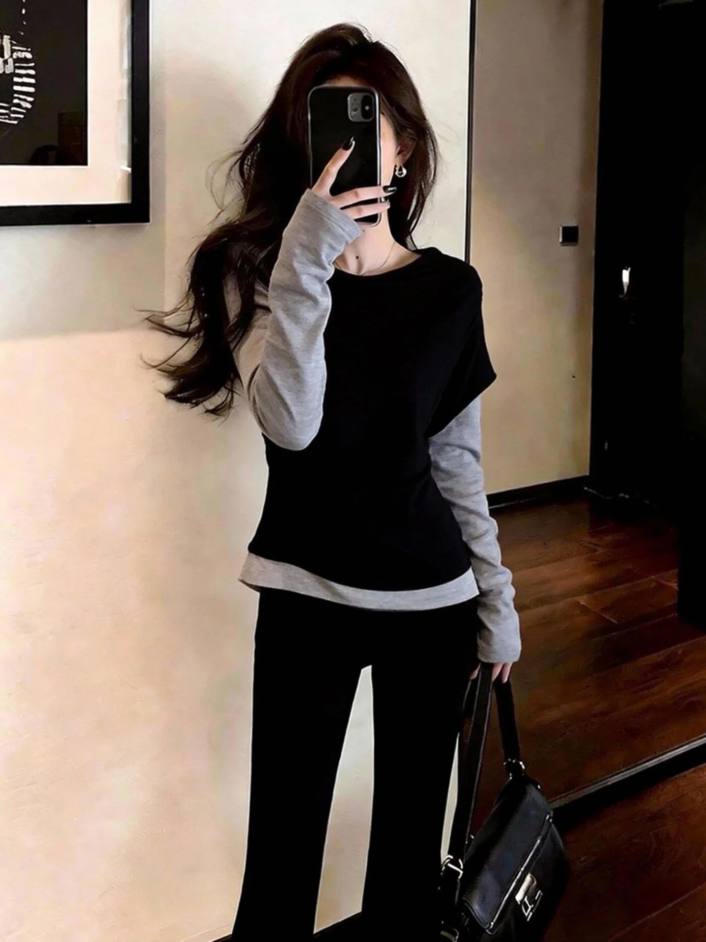 

Korean Style Long Sleeve Fake Two-Piece T-Shirt Comfortable Casual Trendy Slimming Top Spring Versatile Little Shirt
