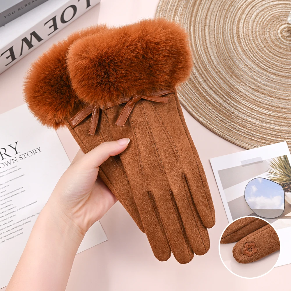 ZYCZCXX Winter Outdoor New Women's Plush Thick Gloves, Warm Gloves, Cold Resistant Touch Screen Five Finger Riding Gloves