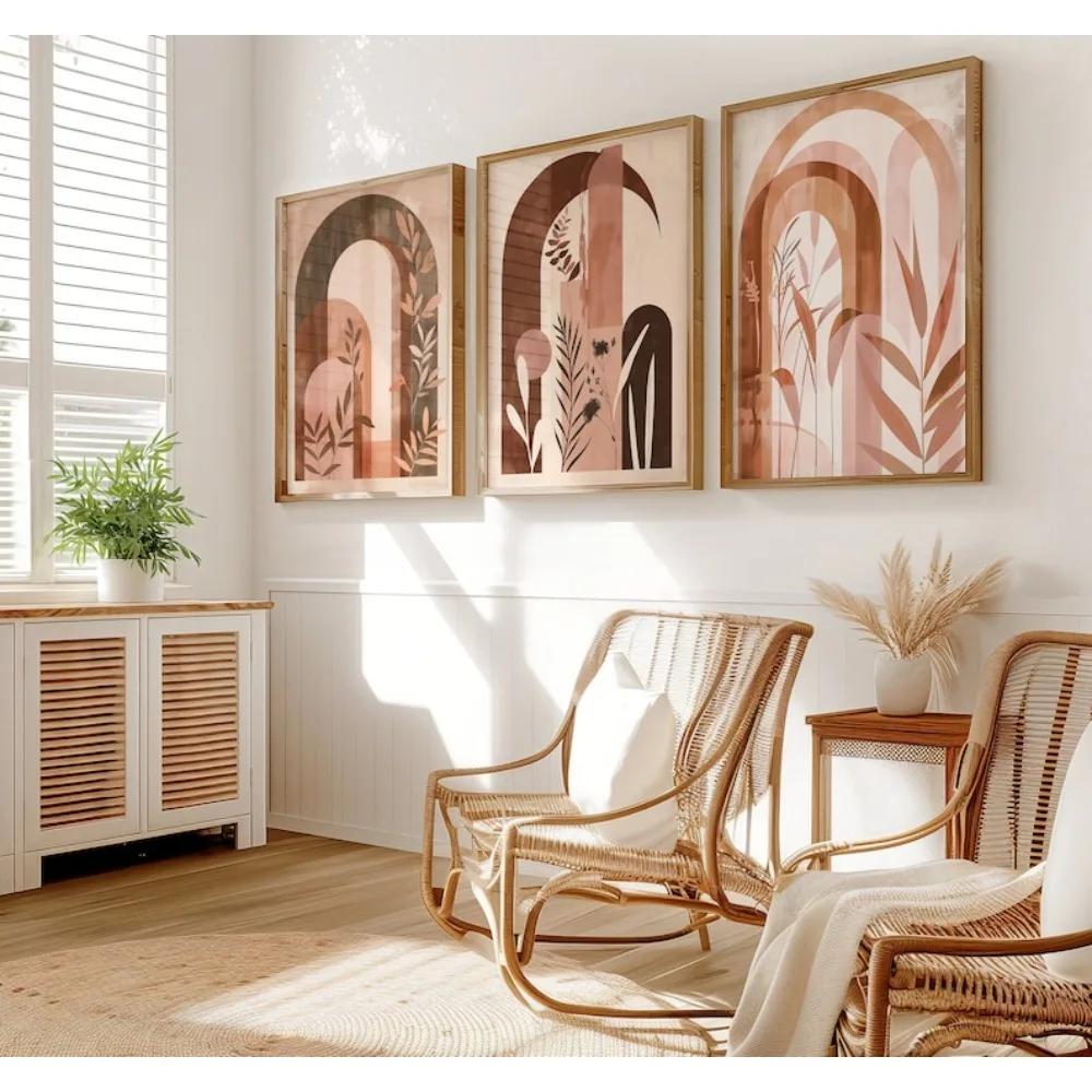 Frameless Earth Tone Arch Wall,Bohemian Chic Printmaking Living Room,Warm Natural Decor,Warm and Comfortable Floral Room Decor