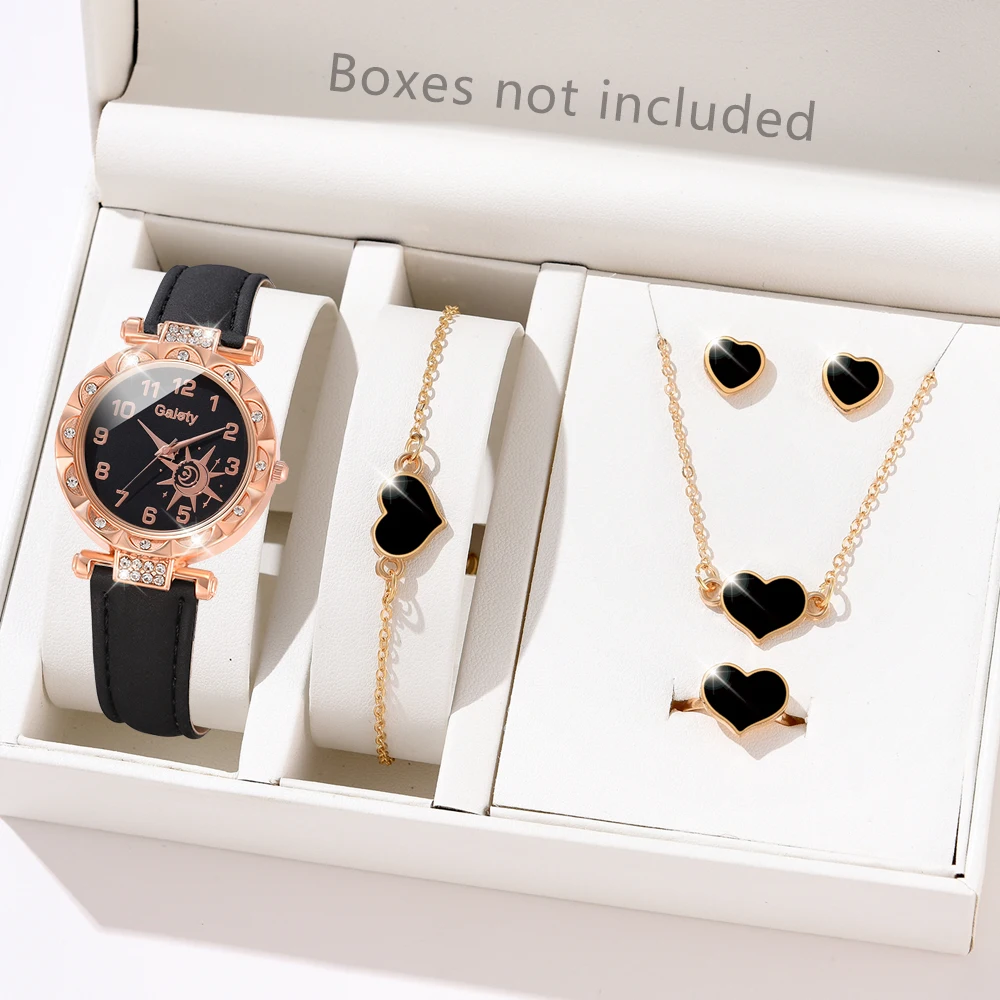 1PCS Simple Luxury Sun Element Leather Strap Watch Black Casual Fashion Quartz Watch Is The Perfect Gift For Her (No Box)