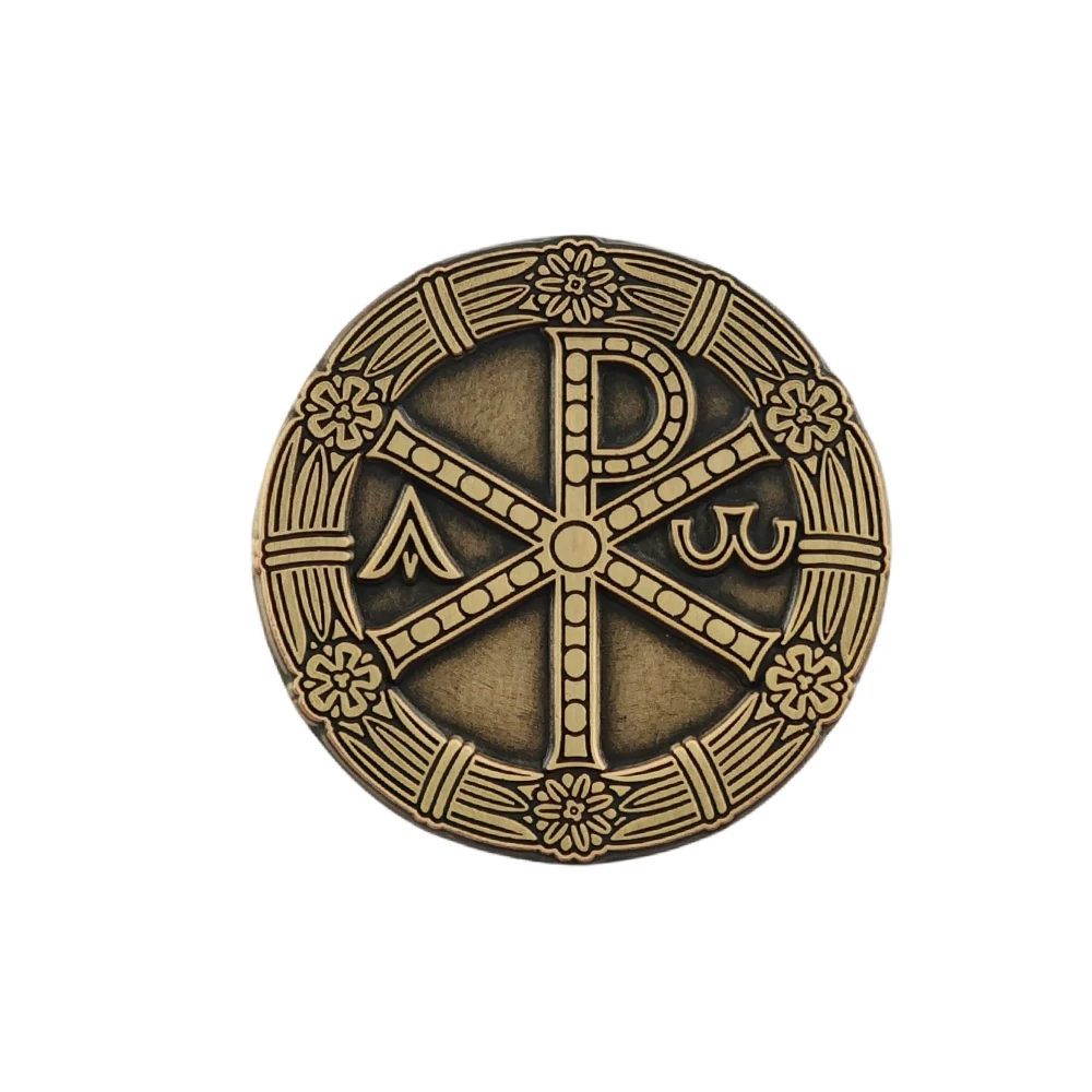Christliche Chi-Rho-Brosche Gold Konstantin-Kreuz Labarum Anstecknadel Alpha-Omega-Symbol Religiöses Metall-Abzeichen Schmuck Glaubensgeschenk