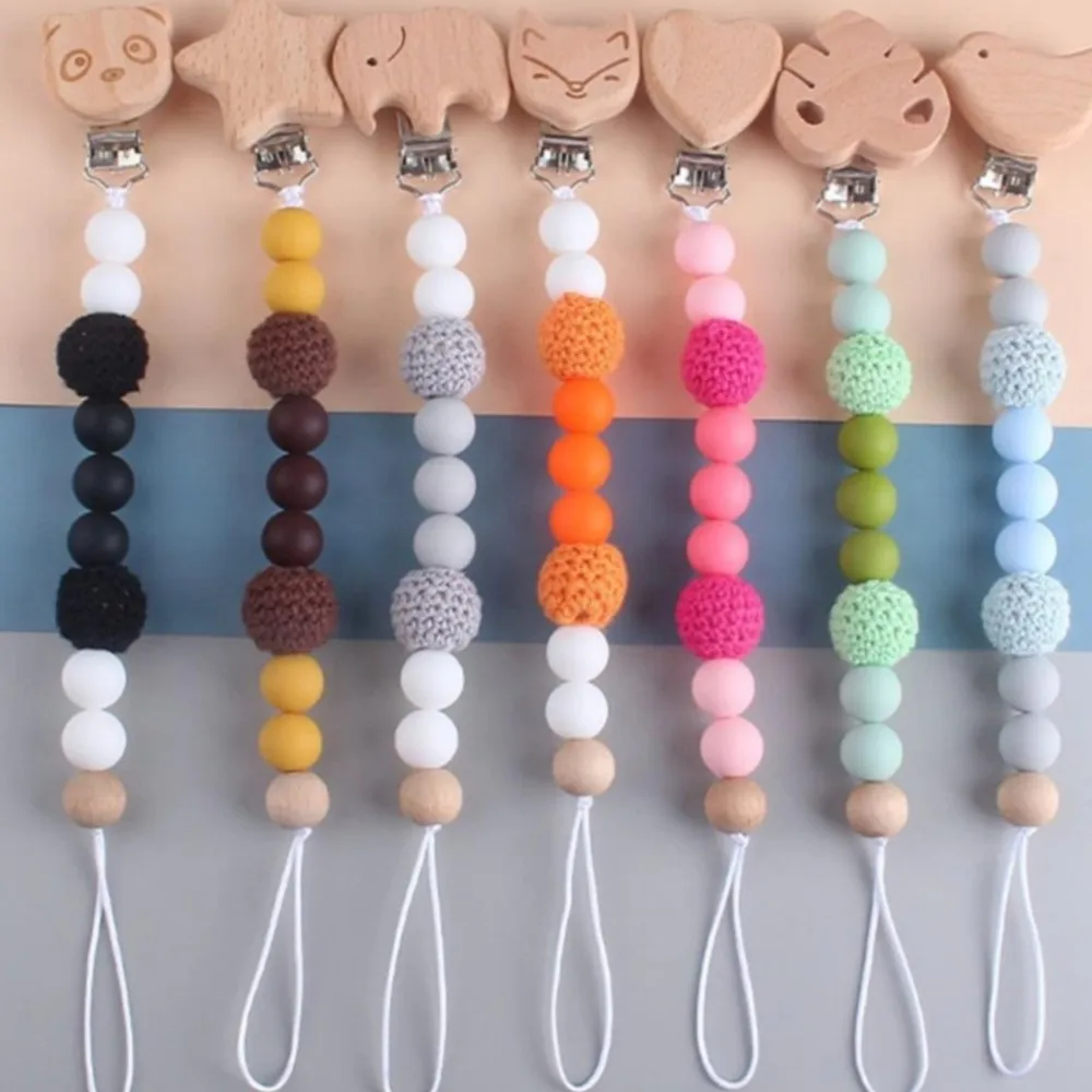 Animal Shape Beech Baby Pacifier Clip Wooden Round Beadsd Anti-Drop Baby Nipple Chain Dummy Holder Soothe Nursing Teething Toy