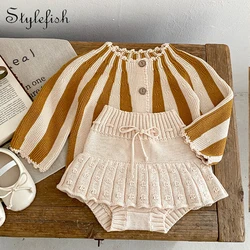 INS Spring and Autumn Fashion Net Red Infant and Toddler Girl Baby Foreigner Stripe Knitted Coat+Knitted Skirts Two Piece Set