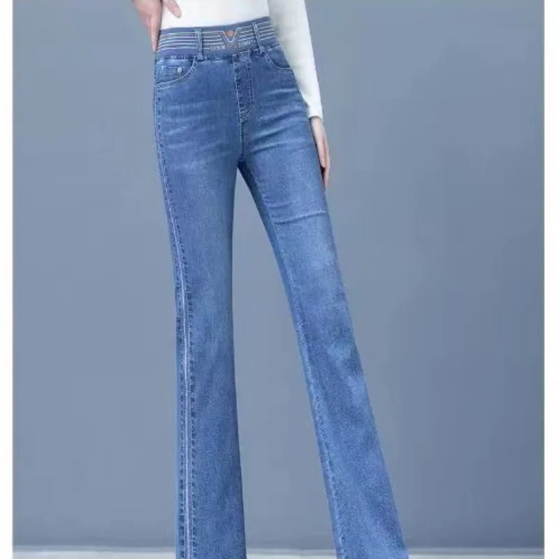 Calça jeans de cintura alta feminina, bolsos em retalhos, bordados, moda casual elegante viajante, outono e inverno, 2023