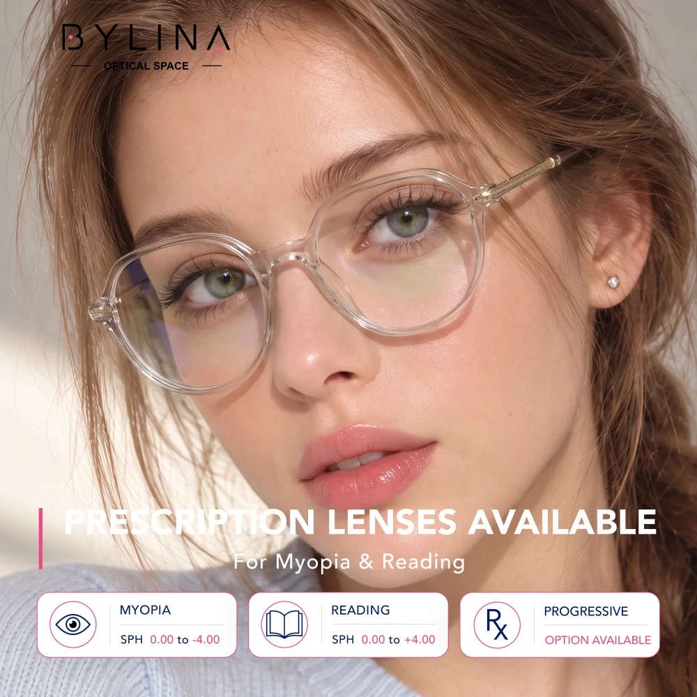 Geometric Round Prescription Glasses for Women TR Frame with Textured Metal Temples Custom Reading or Progressive Lens Options
