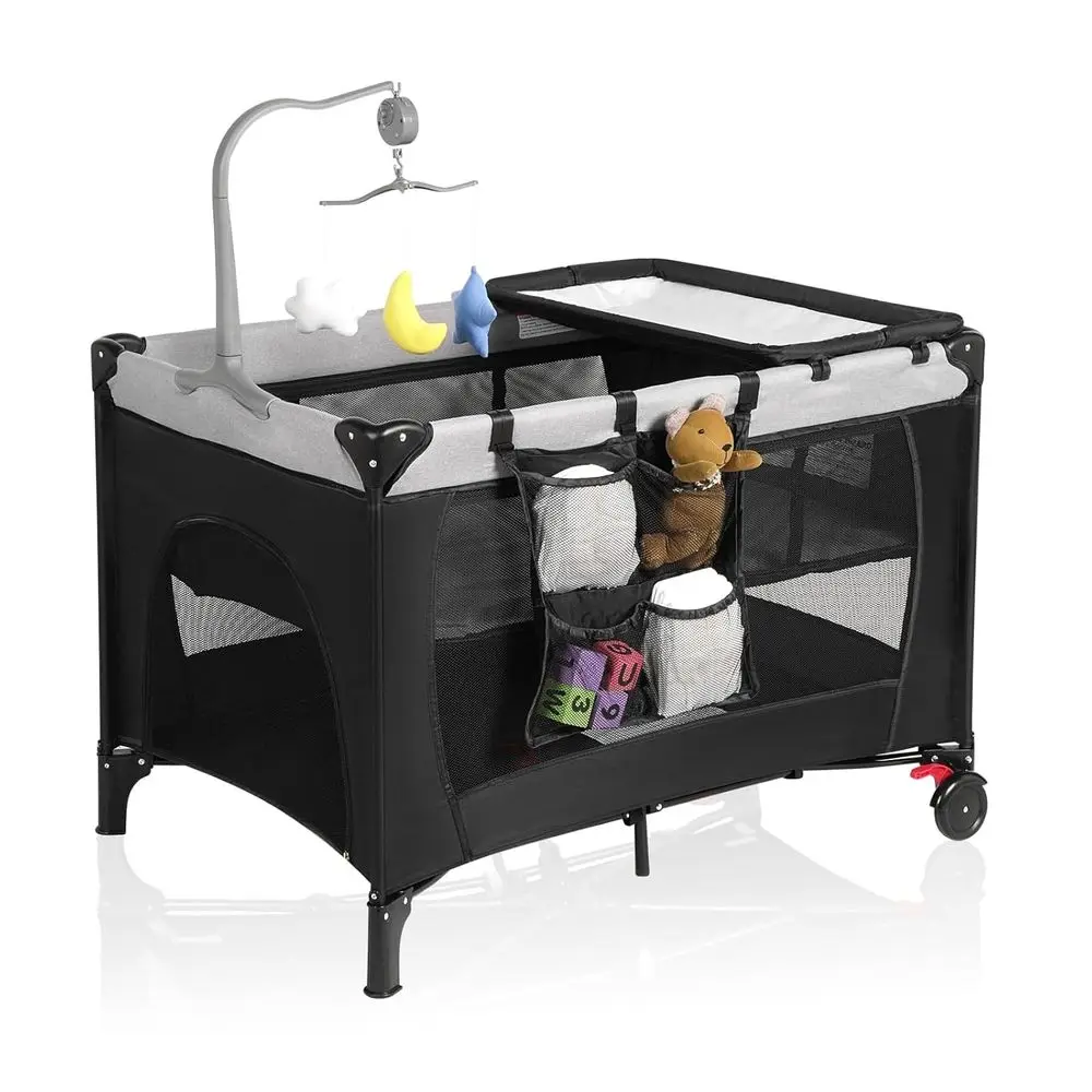 روضة أطفال محمولة 4 في 1 مع طاولة تغيير وحقيبة حمل وسرير - سرير سفر قابل للطي لحديثي الولادة إلى الأطفال الصغار، ASTM Cer #1