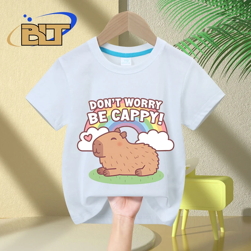 Cute Capybara And Rainbow, Don't Worry Be Cappy kidsT-shirt summer pure cotton short-sleeved casual top for boys and girls