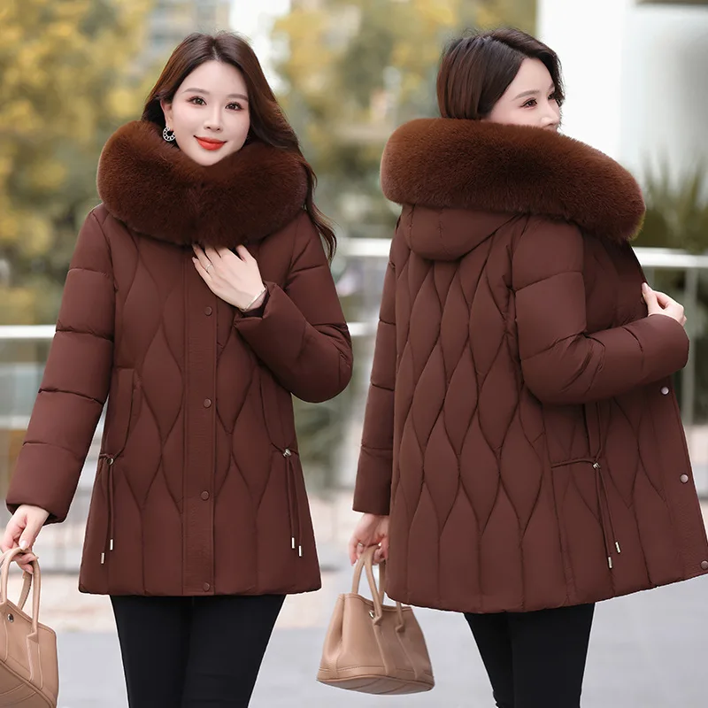 Women Hooded Parkas Coats Mid Lenth Jackets Middle Old Age Oversize Solid Zipper Thick Slim Casual Office Lady 2025 Winter