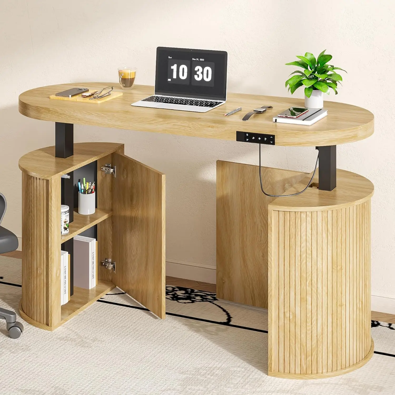

Электрический регулируемый по высоте стол Mid Century с хранением, 55x22, деревянный, для работы сидя и стоя, компьютерная рабочая станция для дома и офиса, дуб, на заказ