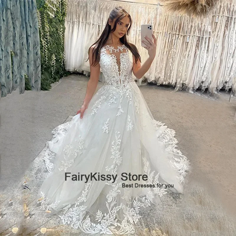 FairyKissy-Marfim Vestidos De Noiva De Renda, Uma Linha Appliqued, Elegante Vestido De Noiva, Pescoço Colher, Modest Vestidos De Noiva