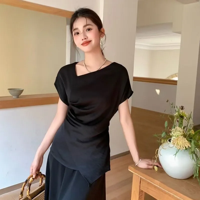 Women's Satin Asymmetrical Ruched Short Sleeve Top Draped Irregular Hem Elegant Blouse