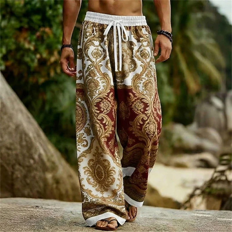 Men's Retro Floral-Print Drawstring Wide-Leg Pants Casual Pants Perfect for Spring Summer The Beach, and Everyday Wear