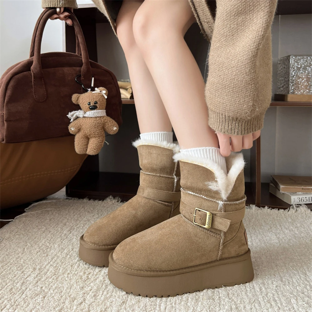 

Winter Thickened Velvet Snow Boots Women's High-Tube Belted Warm Rubber Bottom Casual Booties Ankle High Winter Boots
