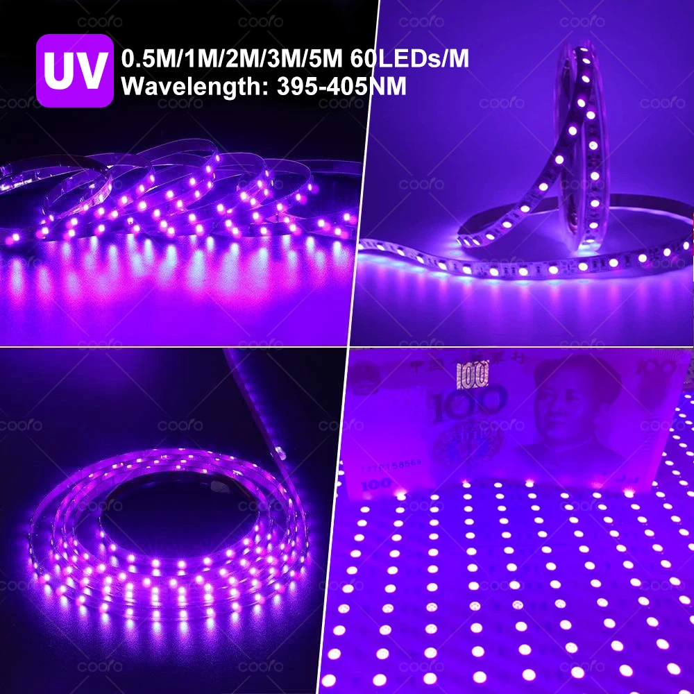 UV LED Light Strip Flexible LED Strip Light Ultraviolet UV Lamp 395-405nm Black Light 2835 SMD DC5V LED Ribbon For Glow Party