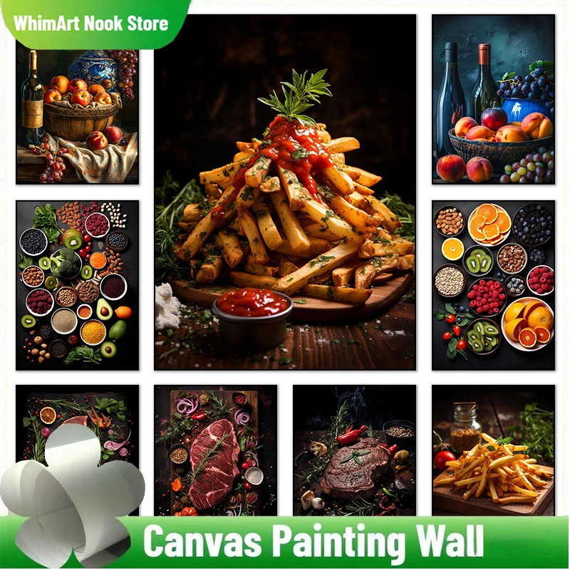 Póster de comida de cocina, carne, patatas fritas, especias, cuadro sobre lienzo para pared e impresión, imagen HD para restaurante, decoración del hogar sin marco
