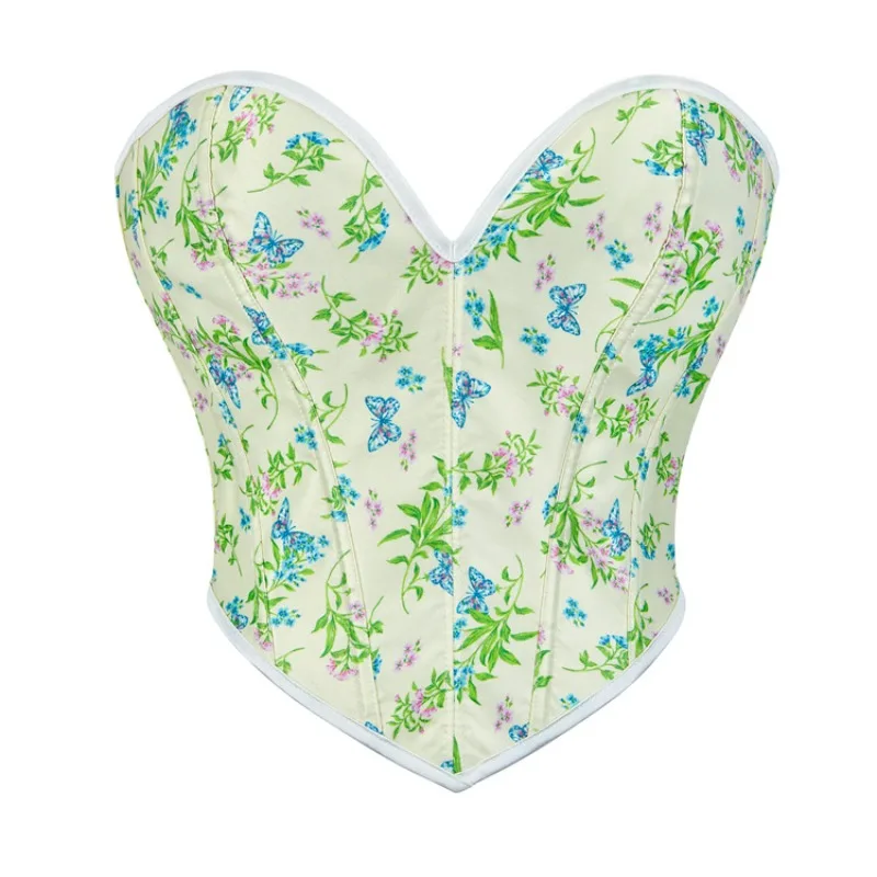 

Summer Green Bustier Tops for Women Jacquard Floral Strapless Renaissance Bodice Court Vintage Party Corset Boned Crop Short