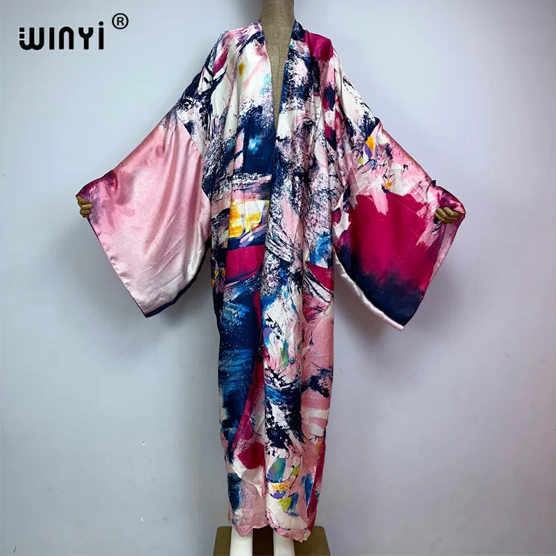 Winyi 2023 Vrouwen Casual Afrikaanse Kaftan Robe Graffiti Print Lange Mouwen Beach Cover Up Maxi Jurk Mode Kimono Vakantie Vest