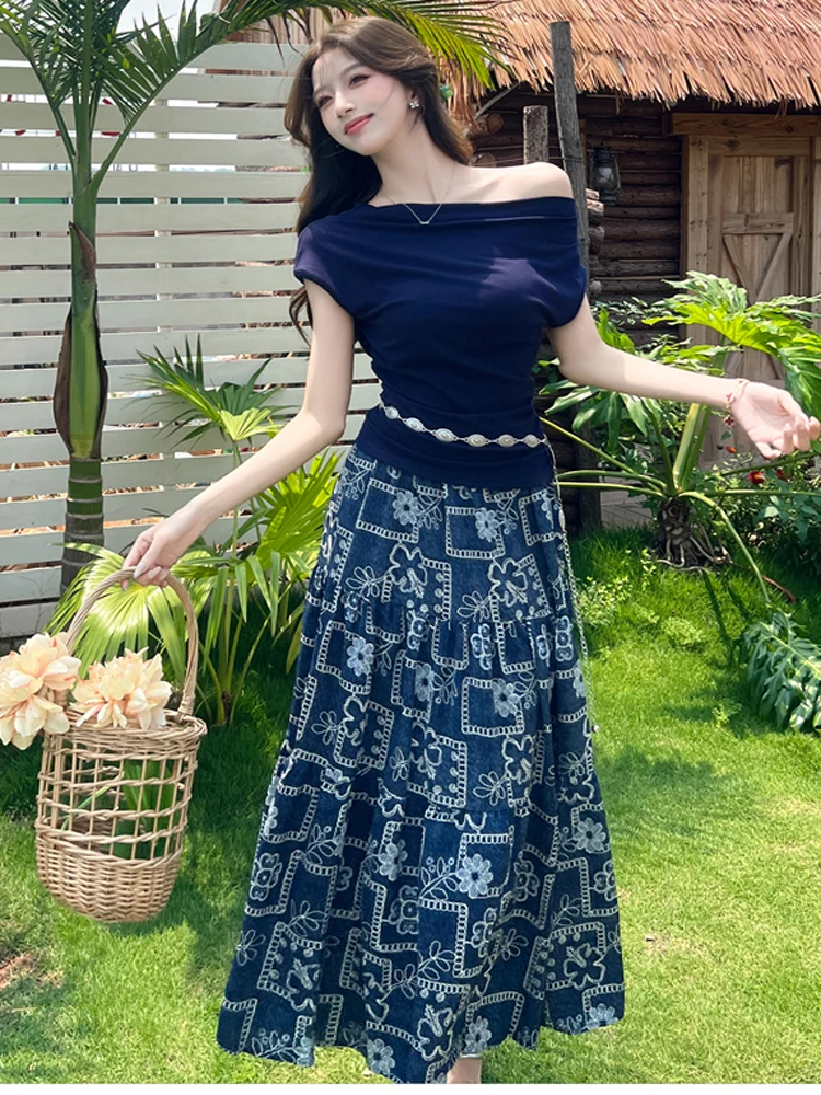 

Women Casual Suits Sexy One Shoulder Short Sleeve T-Shirt Tops+High Waist A-Line Skirts Fashion Streetwear Vintage 2 Pieces Set