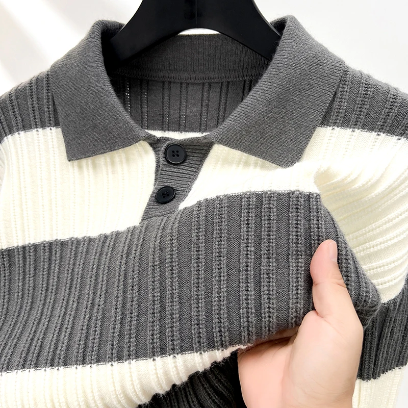 

Men's Striped Color Blocked Lapel Pullover Sweater Autumn Winter High-End Brand Trend Casual Two Button Men's Thick Knit Sweater