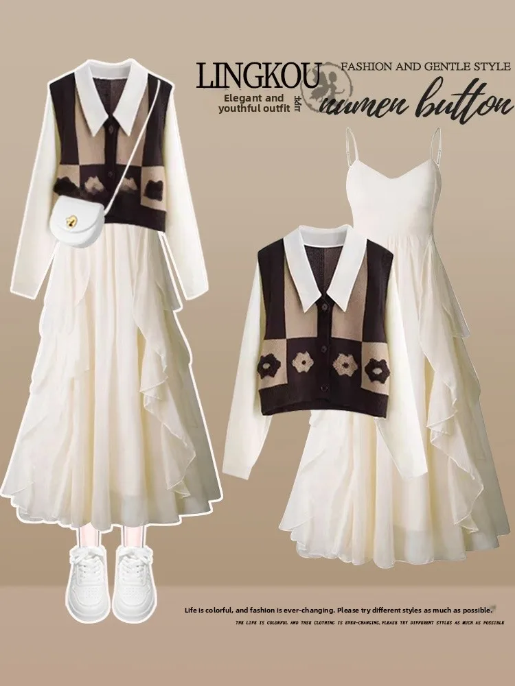 

Ele Spring Outfit Women's Sweet Youthful Two-Piece Set Slimming Strap Dr irt Ne Long Sve Suit for 8-25 Ye...