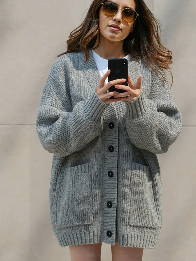 

Новая мода кардиган с длинным рукавом женский повседневный свободный вязаный однобортный длинный свитер женская осенне-зимняя одежда