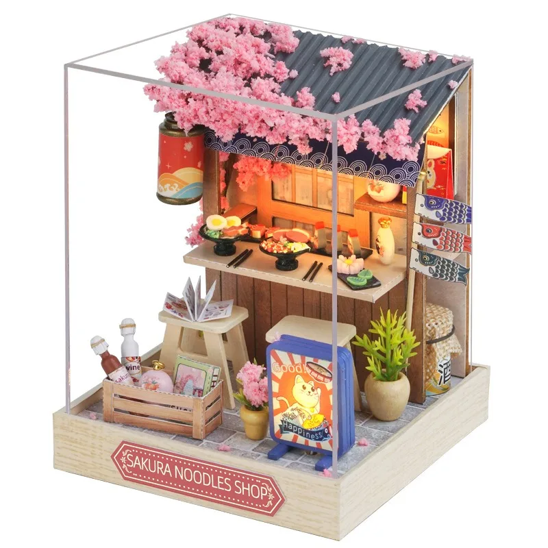 Mini Dollhouse Kit Sakura Street Cafe Noodle Shop Office Candy Store Tiny Wooden Furniture Craft Building Toys Home Bed Decor view 6