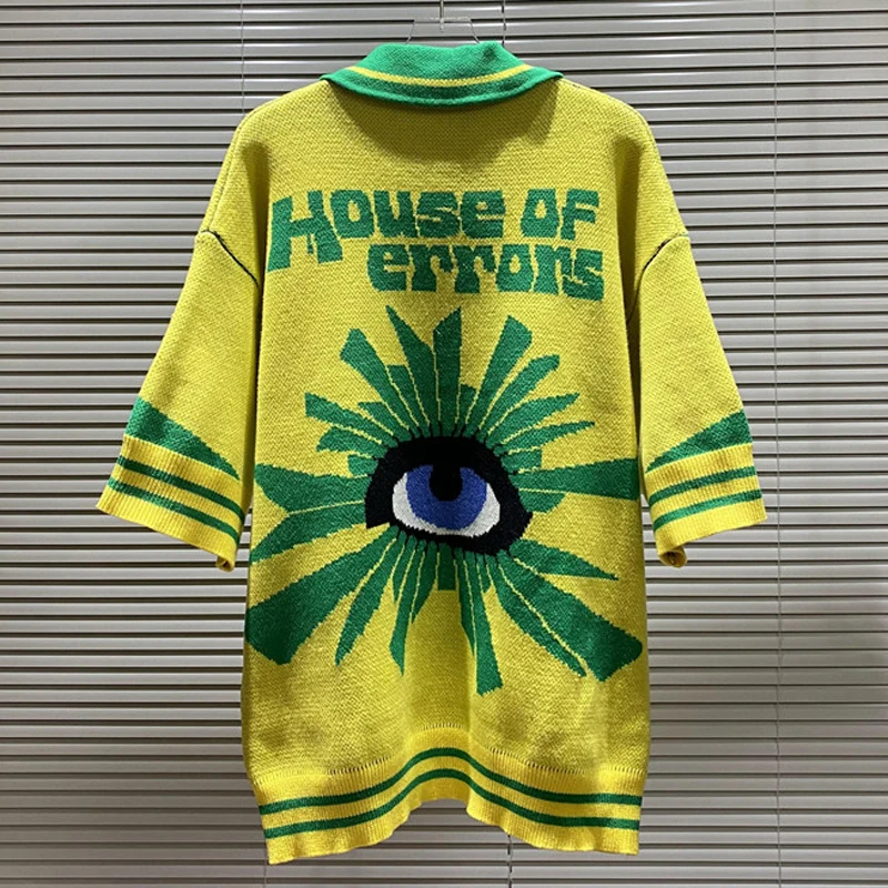 سترة House of Errors عالية الجودة كاجوال فضفاضة عصرية بنمط عين كبيرة من قماش الجاكار المحبوك بأكمام قصيرة