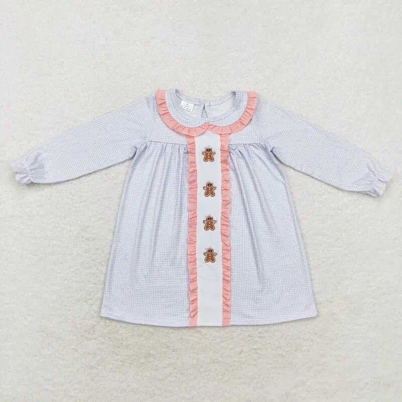 9.15y Embroidered Gingerbread Girls Long Sleeve Dress Christmas Boutique Wholesale  Pink Lace Baby Doll Collar Blue Dress