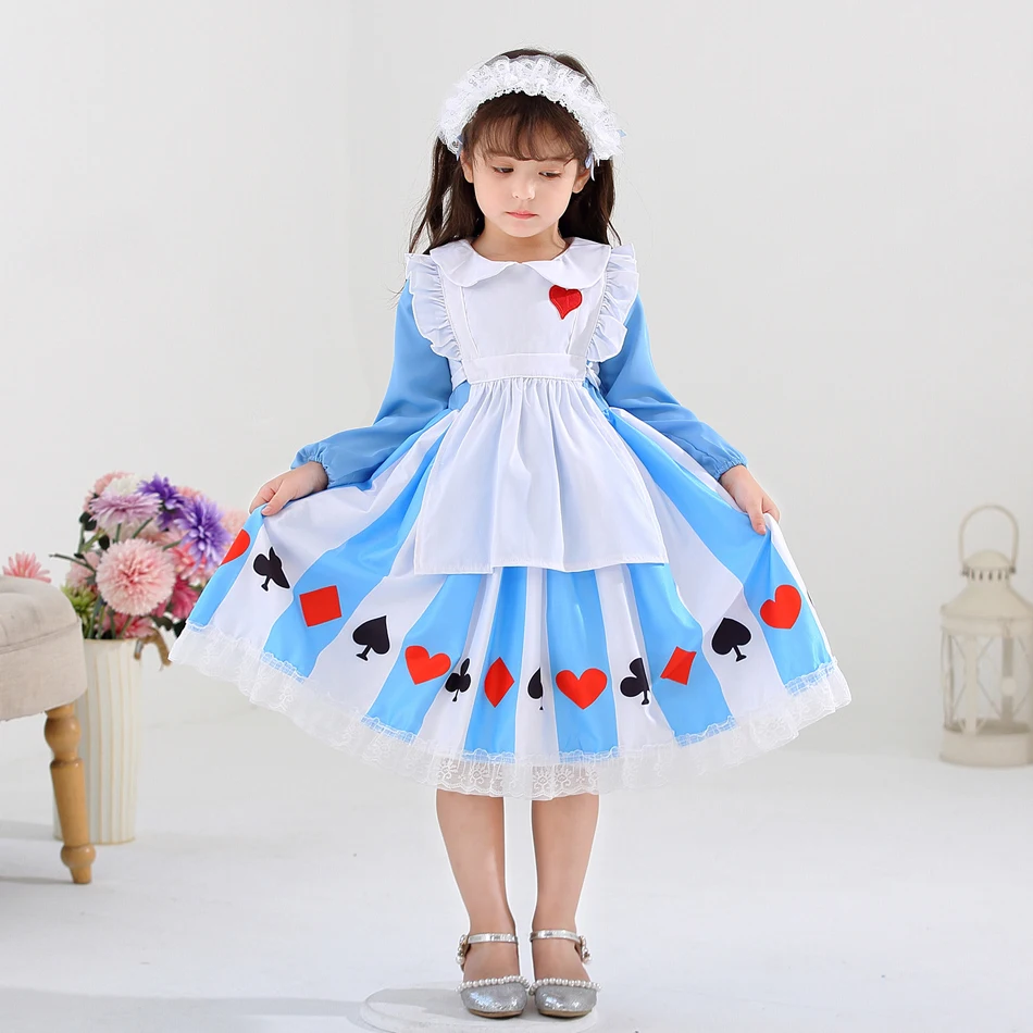 Girls Alice Costume Lolita Cosplay Princess Dress Halloween Carnival Masquerade Party Clothes Kid Blue Maid Apron Outfit 18M-10T