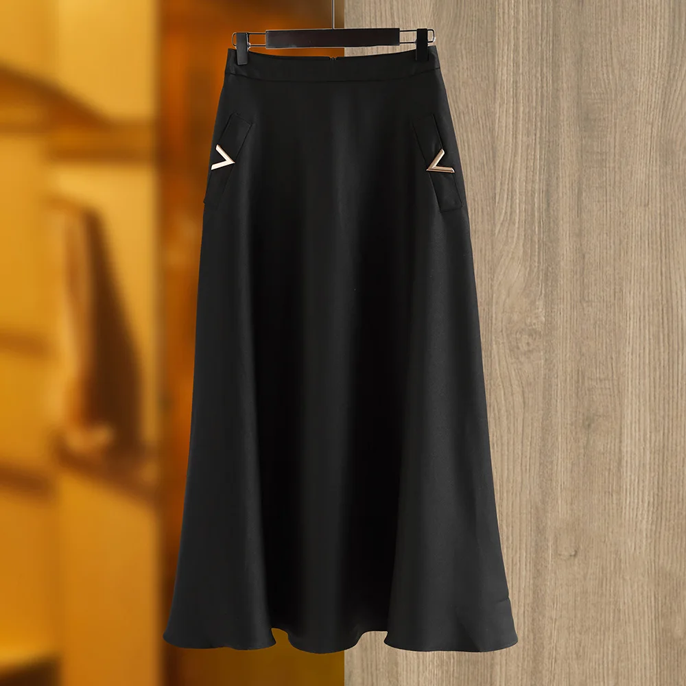 Vintage Elegant Style Lady Solid A-line High Waist Office Casual Wear Women Midi Skirt