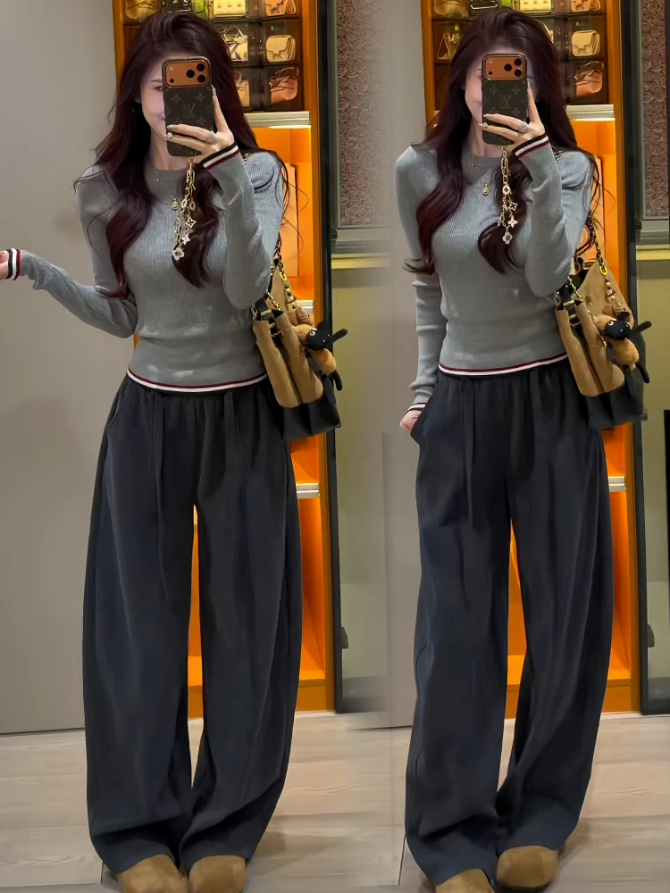 

Ladies Casual Sle Long Sve round Ne Knitted Sweater Spring Autumn New Splicing Lazy Faion Anti-Aging Top