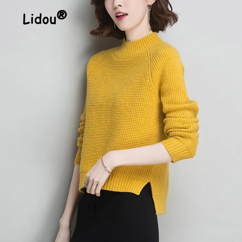 

Women Autumn Winter Solid Color Plush and Thicken Sweaters New High-quality Long Sleeve Mock Neck Split Fork Knitting Bottoming