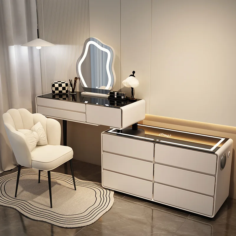 

Dressing Table Wood Vanities Desk with LED Mirror and Drawers Wireless Charging Vanity with Glass Countertop and Makeup Stool