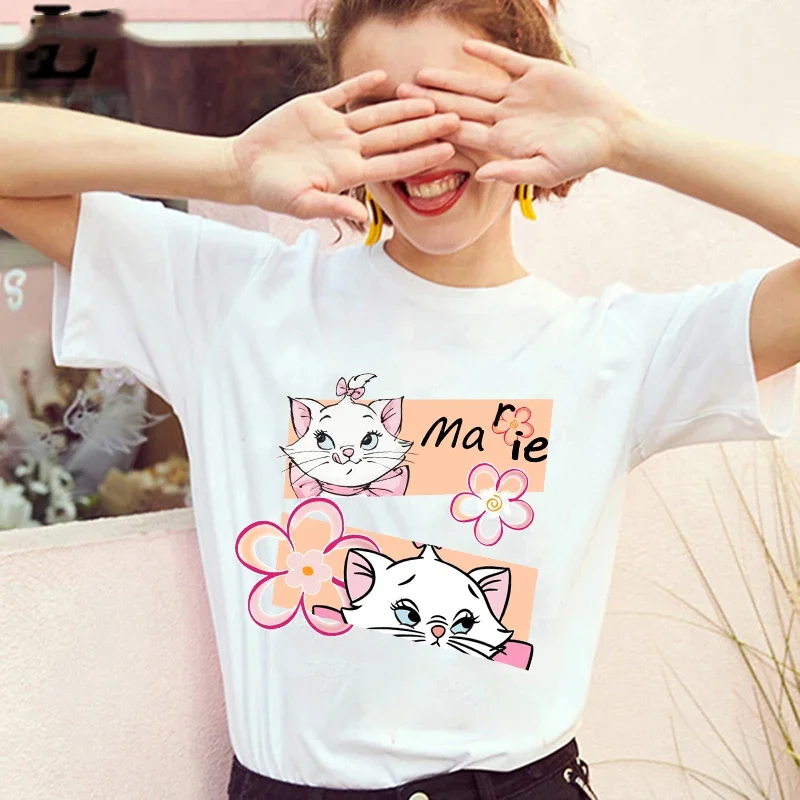 Kawaii marie gato camiseta feminina menina engraçado bonito dos desenhos animados camisetas impressão casual manga curta verão mulher t camisa harajuku topos