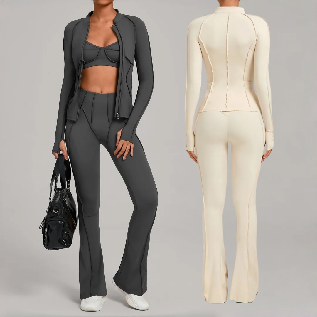 

Brushed Zipper Jacket Yoga Set Fitness High Waist Tight Sports Coat Pants Tracksuit Running Workout Clothes Gym Yoga 3-pc Suit