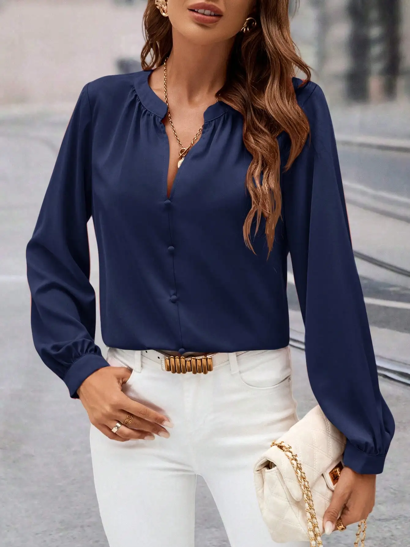 

Женская блузка с V-образным вырезом, рюшами и длинными рукавами, элегантная повседневная офисная одежда