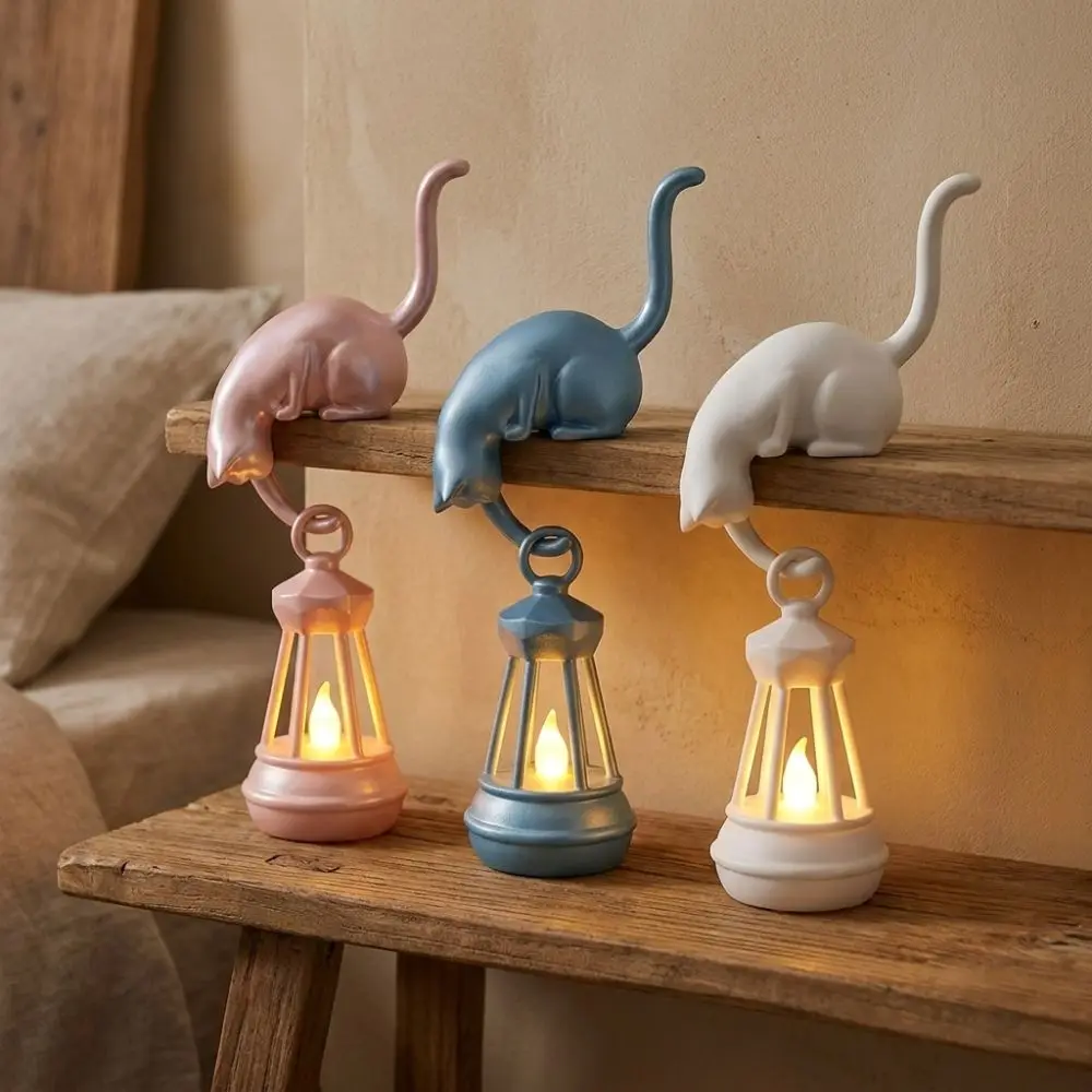 3D Printed Cat Wall Hook Light Cute Figurine with Lantern Cat Shaped Hook Artistic Inverted Cat Key Rack Organizer