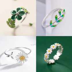 Anillos de dedo abiertos de esmalte para mujer, Color plateado, flor verde, hoja, rosa, Margarita, regalo de joyería para niña, venta al por mayor, nueva moda