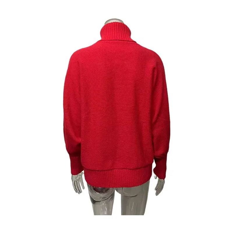 Christmas Knitted Sweater for Women 2025 New Turtleneck Bat Sleeve Loose Pullover Red Merry Letter Embroidered High Neck Sweater