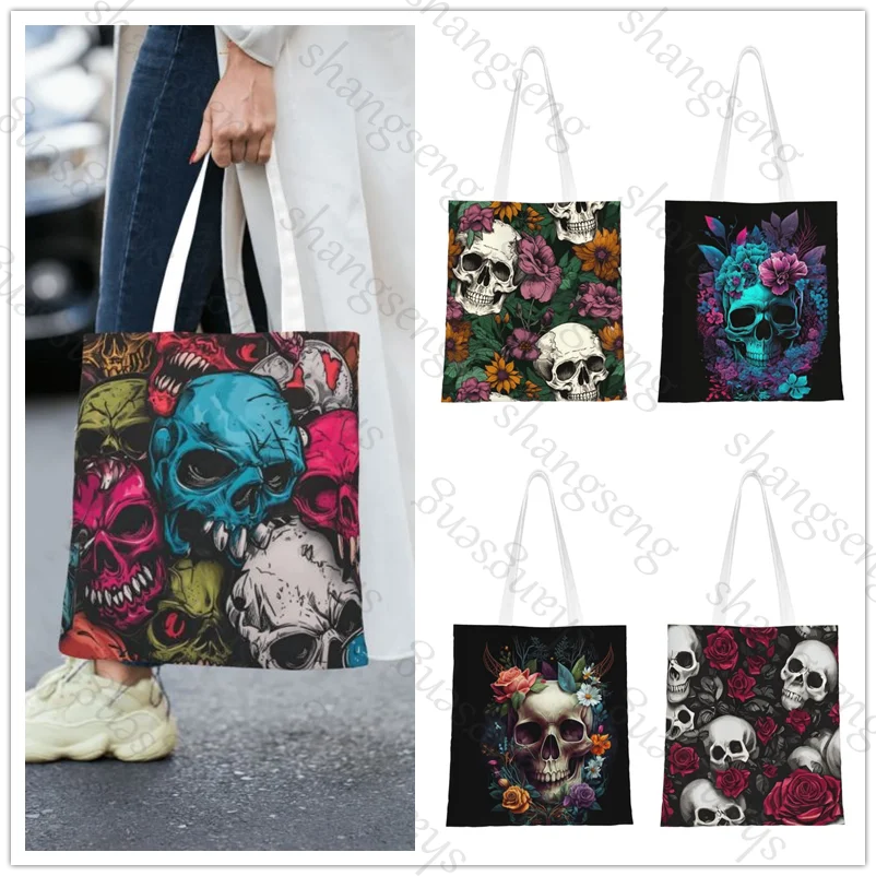 

Flower Skull Tote Bag, Fashionable Shoulder Bag, Daily Lightweight Shopping Bag Canvas Fabric Handbag Folding Bag