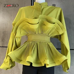 2023 Spring Women Tops Female Half High Collar Splicing Cascade Ruffle Lantern Sleeve Stripe Elastic Waist Big Swing Blouse Tops