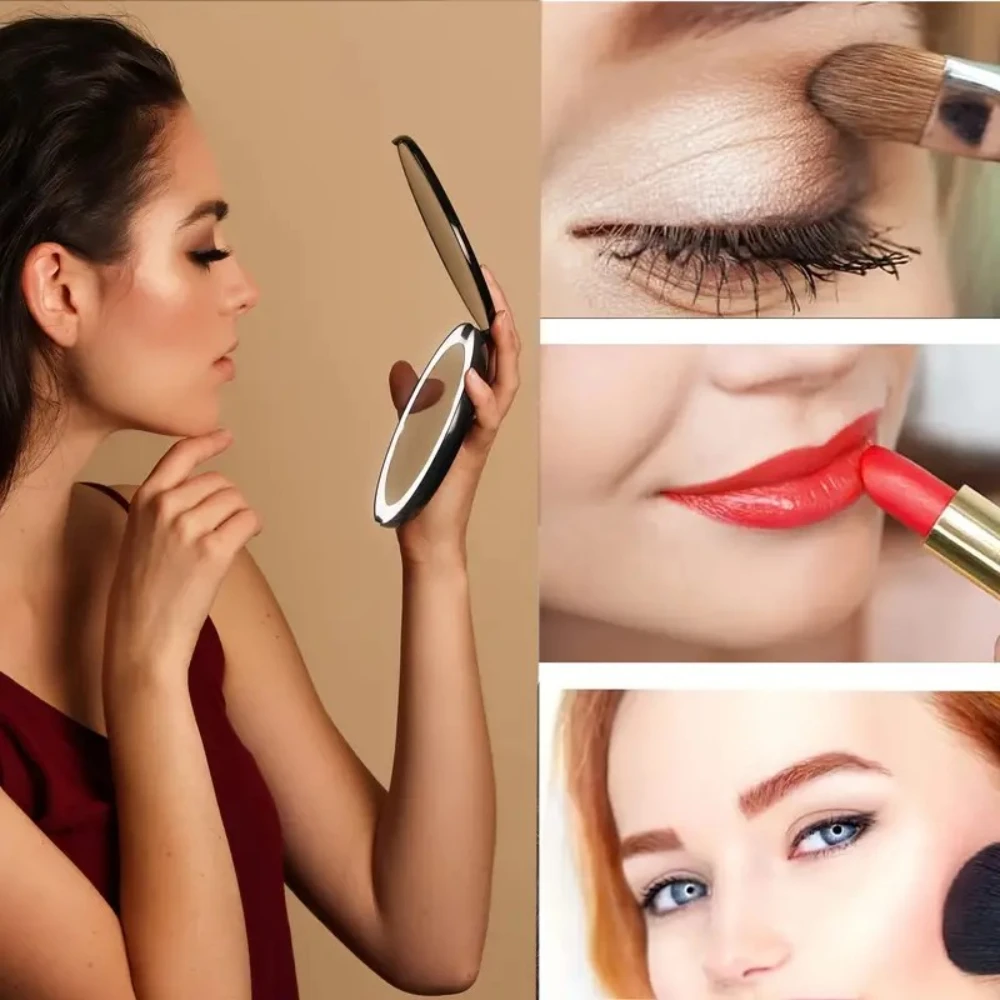 Portable LED Makeup Mirror, Rechargeable & Dimmable, 2X/5X Magnification, Compact Folding Design for Travel, Purse, Pocket, Idea